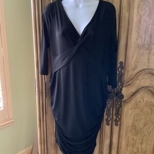 Thalia Sodi Elegant Stretchy Black Dress With Ruching and V-neck Size Large